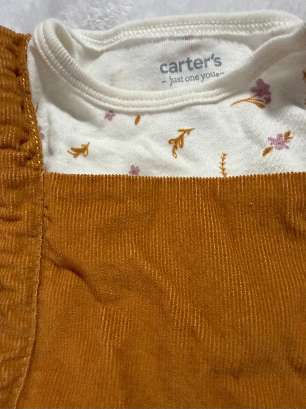 Carter's Rust Orange Corduroy Pinafore dress with Ruffle Straps and on-site.